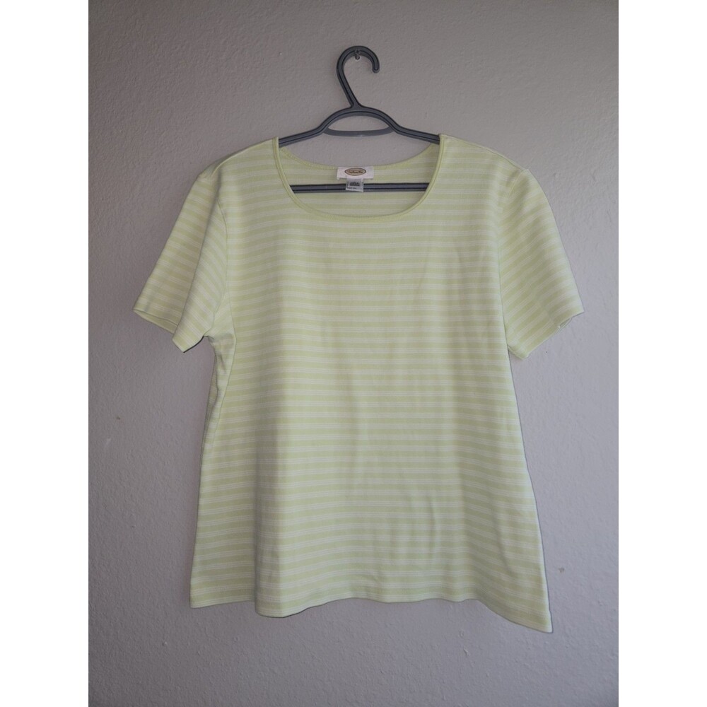 Talbots Women's Striped T-Shirt Light Green White Cotton Short Sleeve Top Size L